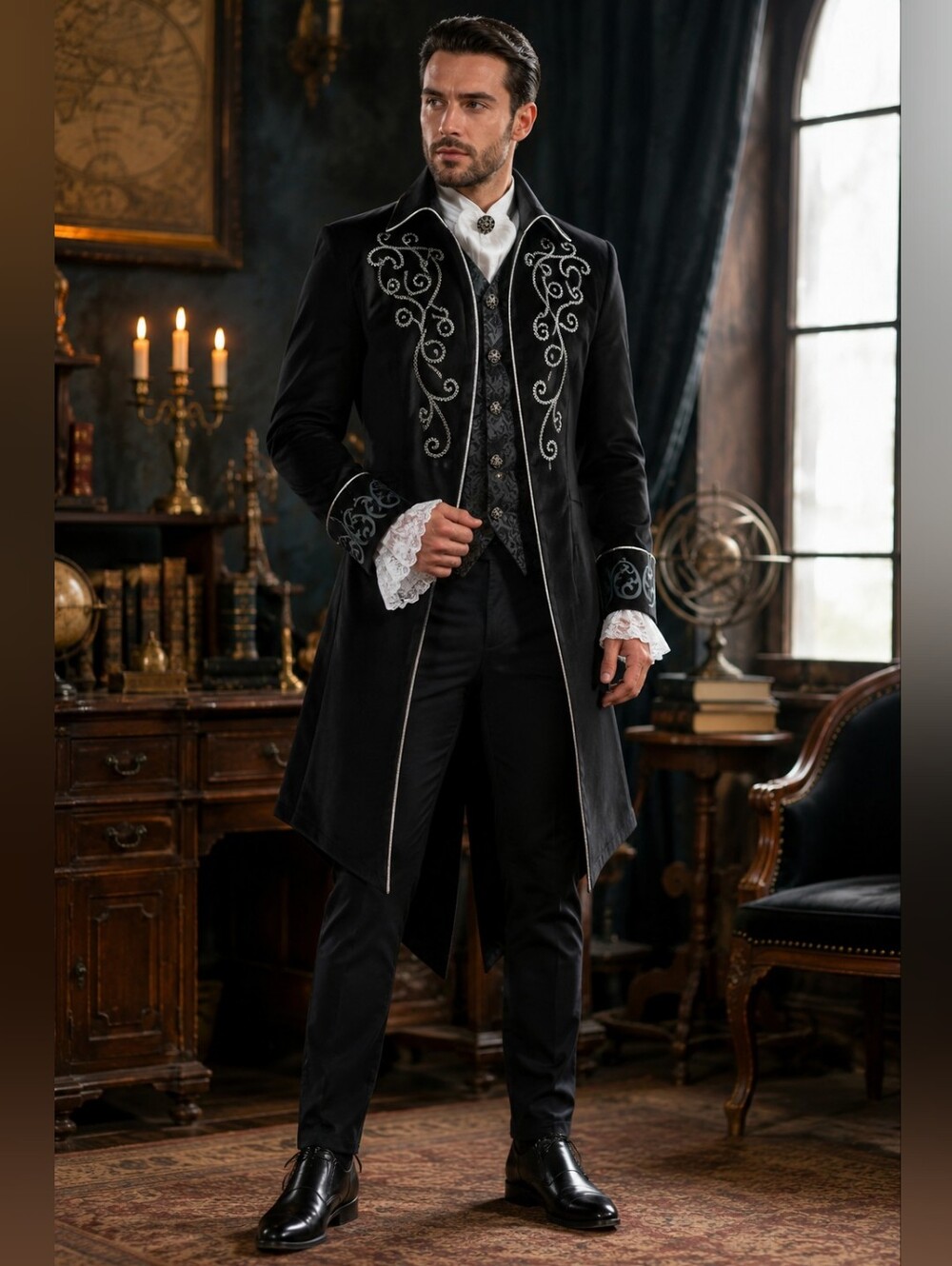 IWQBQ Men’s L Black Gothic Steampunk Victorian Embroidered Tailcoat Costume
